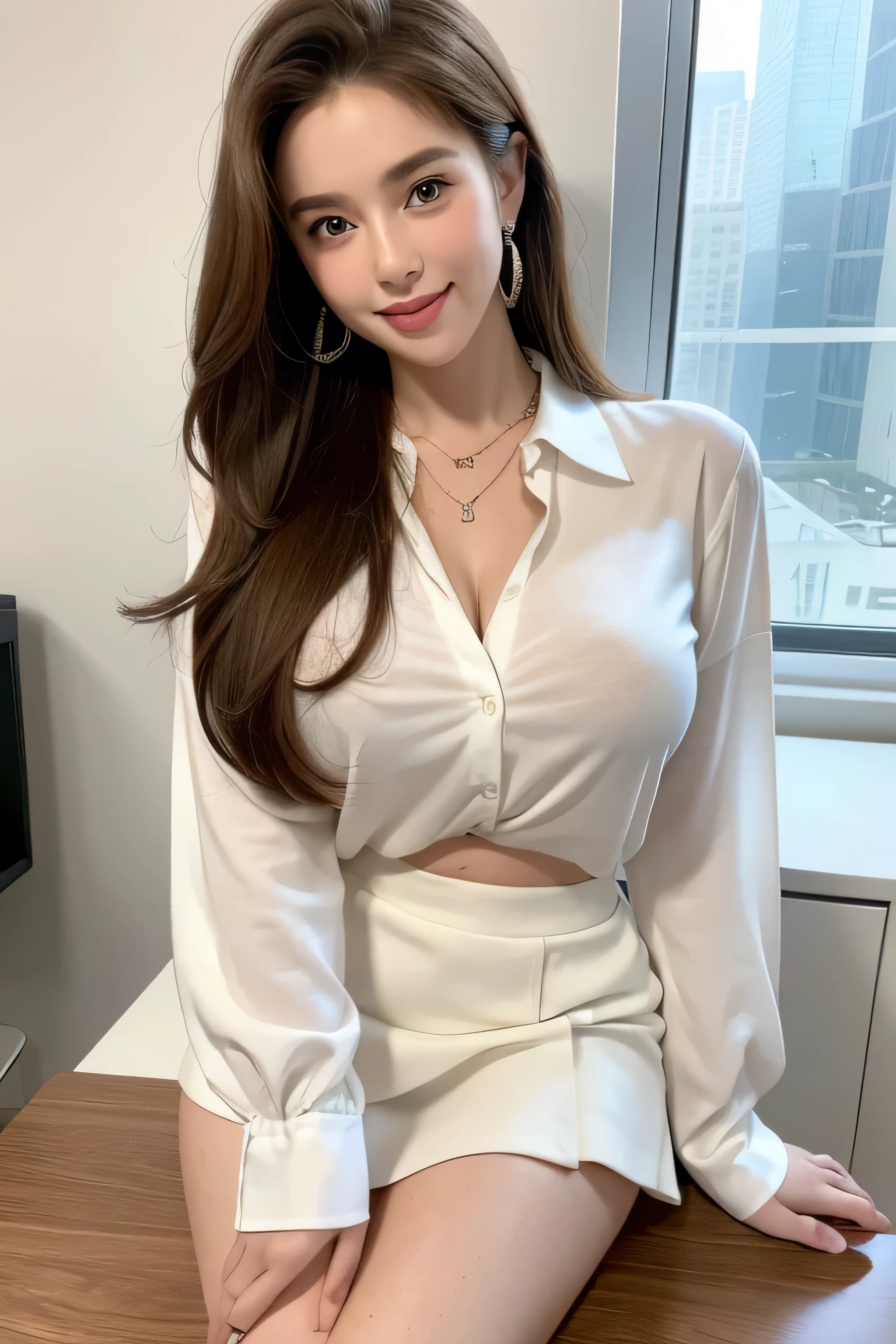 Ultra-high resolution, Better Quality, photo shoot, 4K, (Realistic:1.4) Freckle portrait photography , Big breasts super long brown hair, brown eyes,Wearing white long sleeve button up blouse、white flared mini skirt,shy smile,Gorgeous necklace_Large earrings,in the stylish office at night,Place your left hand gently on your chin,right hand holding