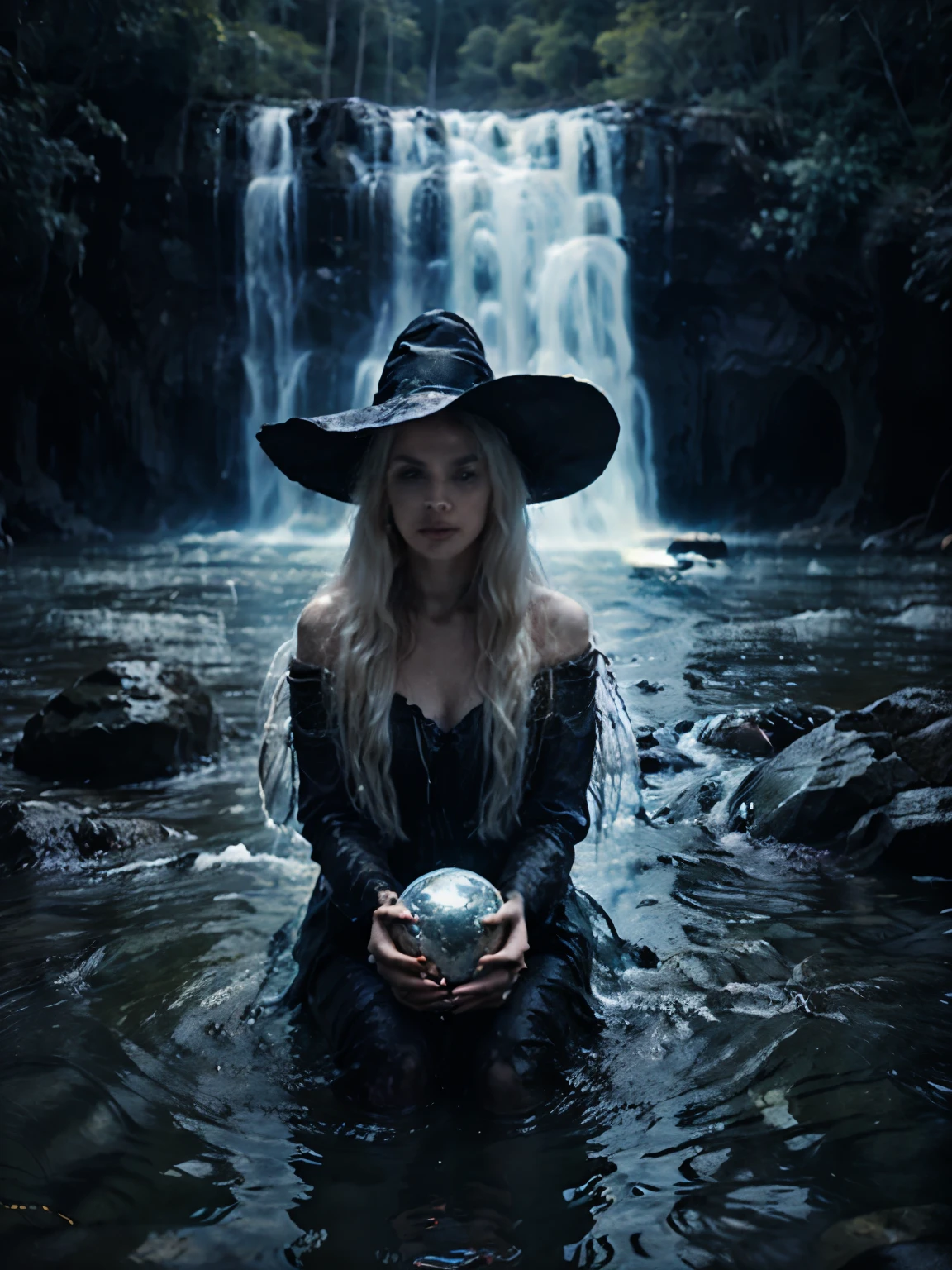 A witch with long white hair and a pointed hat sits on a rock in the water. Embracing the magic ball, the atmosphere is somber, realistic.