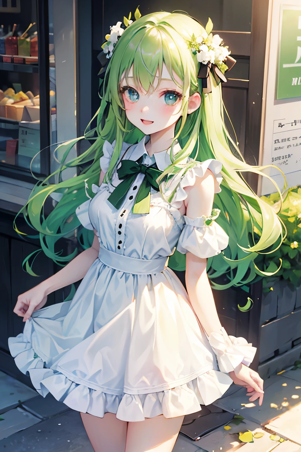 Melon Soda、Cafe、dress、Cherries、Pale skin、fine、cute、bright green eyes、Bright green hair、Fizzy、A cheerful personality、Second dimension beautiful girl