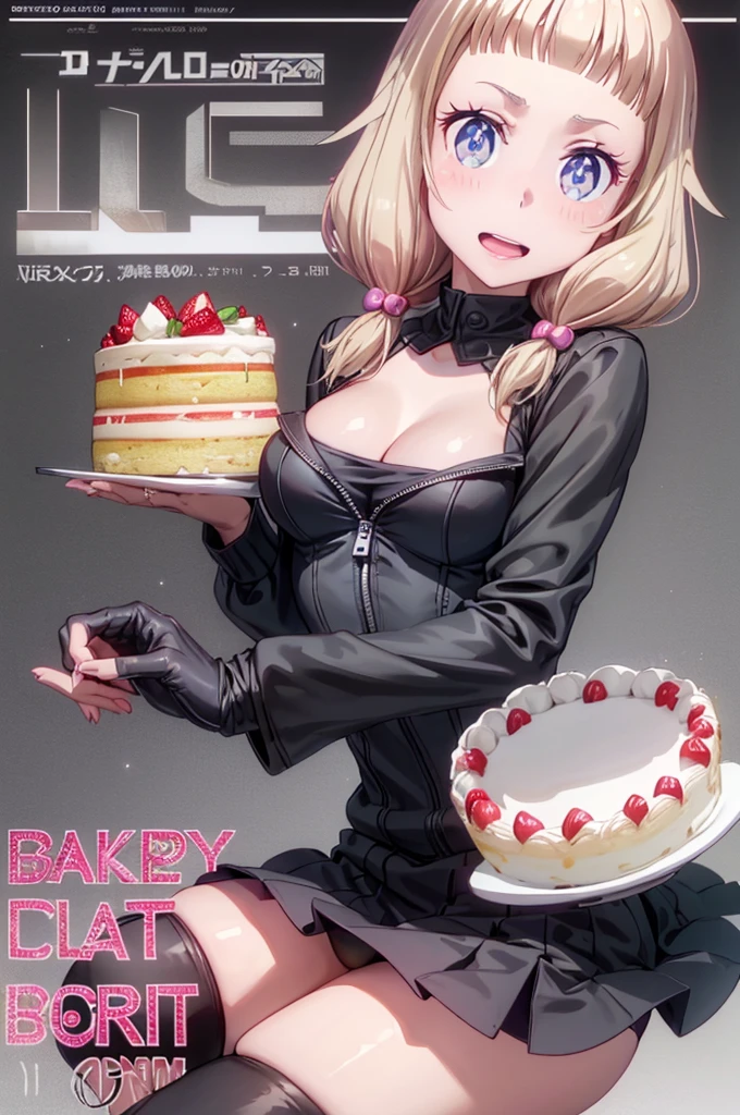 1 girl, small nose, very beautiful detailed face and eyes, bright colors, cute face, delicate beautiful face, Bright magenta eyes, cute eyes, sparkling eyes, Big eyes, (small breasts:1.3), (perky chest:1.1), (pointed chest:1.0), (cake magazine cover:1.3),highest quality, WorKs of masters, High resolution,BlacK color hair,shiny hair, side ponytail,hair between eyes,bangs, (black jacket, real clothes, cleavage, black skirts, black thighhighs, thigh strap, fingerless gloves, single glove:1.2) , spread legs, panties shot, medium hips, glamorous body, white skin, smile, thin pubric hair, super beautiful face, Super beautiful eyes, Super beautiful hair,trendy outfit,sexy and attractive,full body esbian, Real World, Natural light,perfect Natural light,(with sparkling eyes and a contagious smile), This masterpiece is not only visually stunning but also tells, make of cake cooking , in the kitchen, open mouth, looking at viewer,