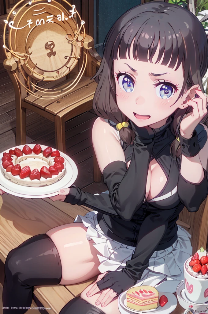 1 girl, small nose, very beautiful detailed face and eyes, bright colors, cute face, delicate beautiful face, Bright magenta eyes, cute eyes, sparkling eyes, Big eyes, (small breasts:1.3), (perky chest:1.1), (pointed chest:1.0), (cake magazine cover:1.3),highest quality, WorKs of masters, High resolution,BlacK color hair,shiny hair, side ponytail,hair between eyes,bangs, (black jacket, real clothes, cleavage, black skirts, black thighhighs, thigh strap, fingerless gloves, single glove:1.2) , spread legs, panties shot, medium hips, glamorous body, white skin, smile, thin pubric hair, super beautiful face, Super beautiful eyes, Super beautiful hair,trendy outfit,sexy and attractive,full body esbian, Real World, Natural light,perfect Natural light,(with sparkling eyes and a contagious smile), This masterpiece is not only visually stunning but also tells, make of cake cooking , in the kitchen, open mouth, looking at viewer,