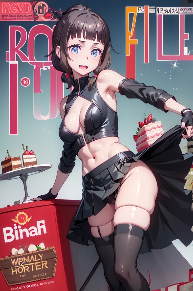 1 girl, small nose, very beautiful detailed face and eyes, bright colors, cute face, delicate beautiful face, Bright magenta eyes, cute eyes, sparkling eyes, Big eyes, (small breasts:1.3), (perky chest:1.1), (pointed chest:1.0), (cake magazine cover:1.3),highest quality, WorKs of masters, High resolution,BlacK color hair,shiny hair, side ponytail,hair between eyes,bangs, (black jacket, real clothes, cleavage, black skirts, black thighhighs, thigh strap, fingerless gloves, single glove:1.2) , spread legs, panties shot, medium hips, glamorous body, white skin, smile, thin pubric hair, super beautiful face, Super beautiful eyes, Super beautiful hair,trendy outfit,sexy and attractive,full body esbian, Real World, Natural light,perfect Natural light,(with sparkling eyes and a contagious smile), This masterpiece is not only visually stunning but also tells, make of cake cooking , in the kitchen, open mouth, looking at viewer,