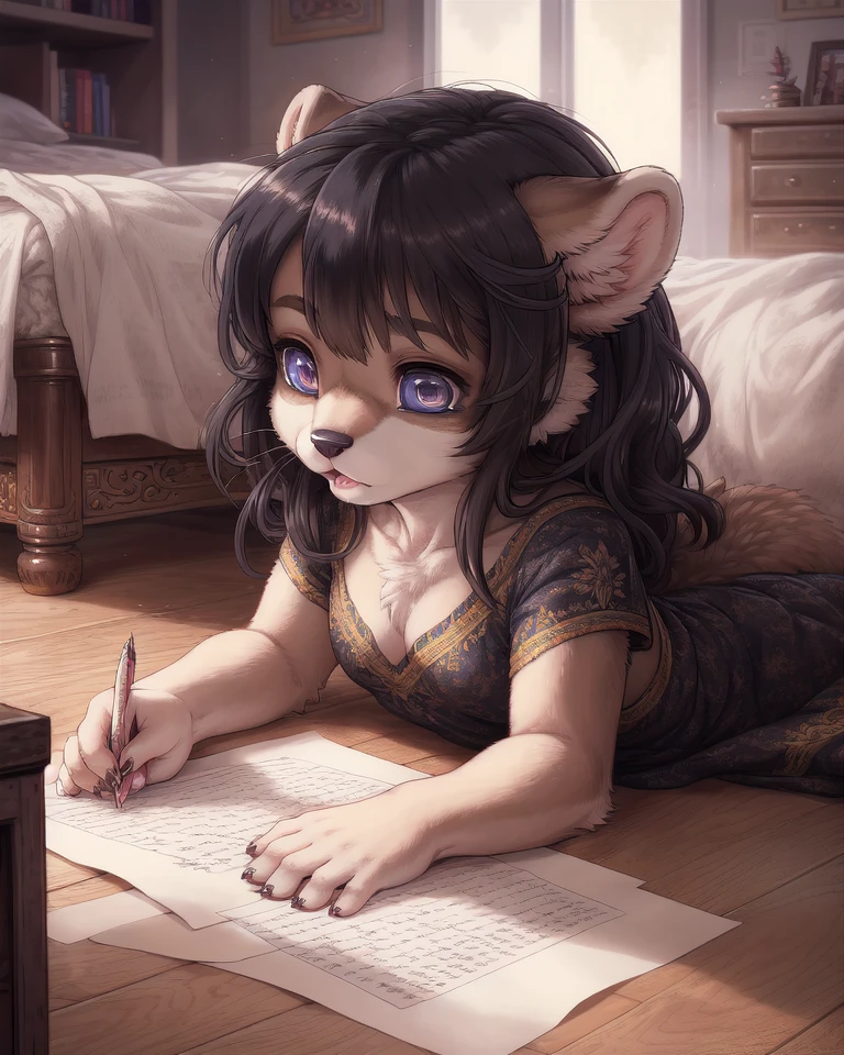 A young (fluffy anthro furry) little Otter girl. young body figure black hair and eyes white fur on the floor in her room drawing on paper. Looks to be in the second grade. highly detailed, finely drawn, anime style, detailed remarkable eyes
(stylized Anime artwork, (brown outline), a1 pictures style), detailed, masterpiece, best quality, detailed background