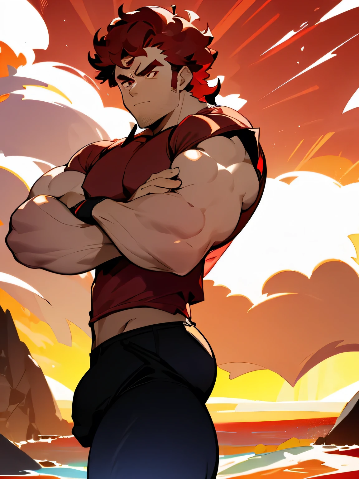 1male, one male, Dark Red Hair,Short Hair, Crimson Red Eyes, Muscular, Curly Hair, sleeveless Red shirt, Black Pants, serious expression, Red Aura, red ruby gem on chest, beach background, arms in pockets, black jacket,sunset