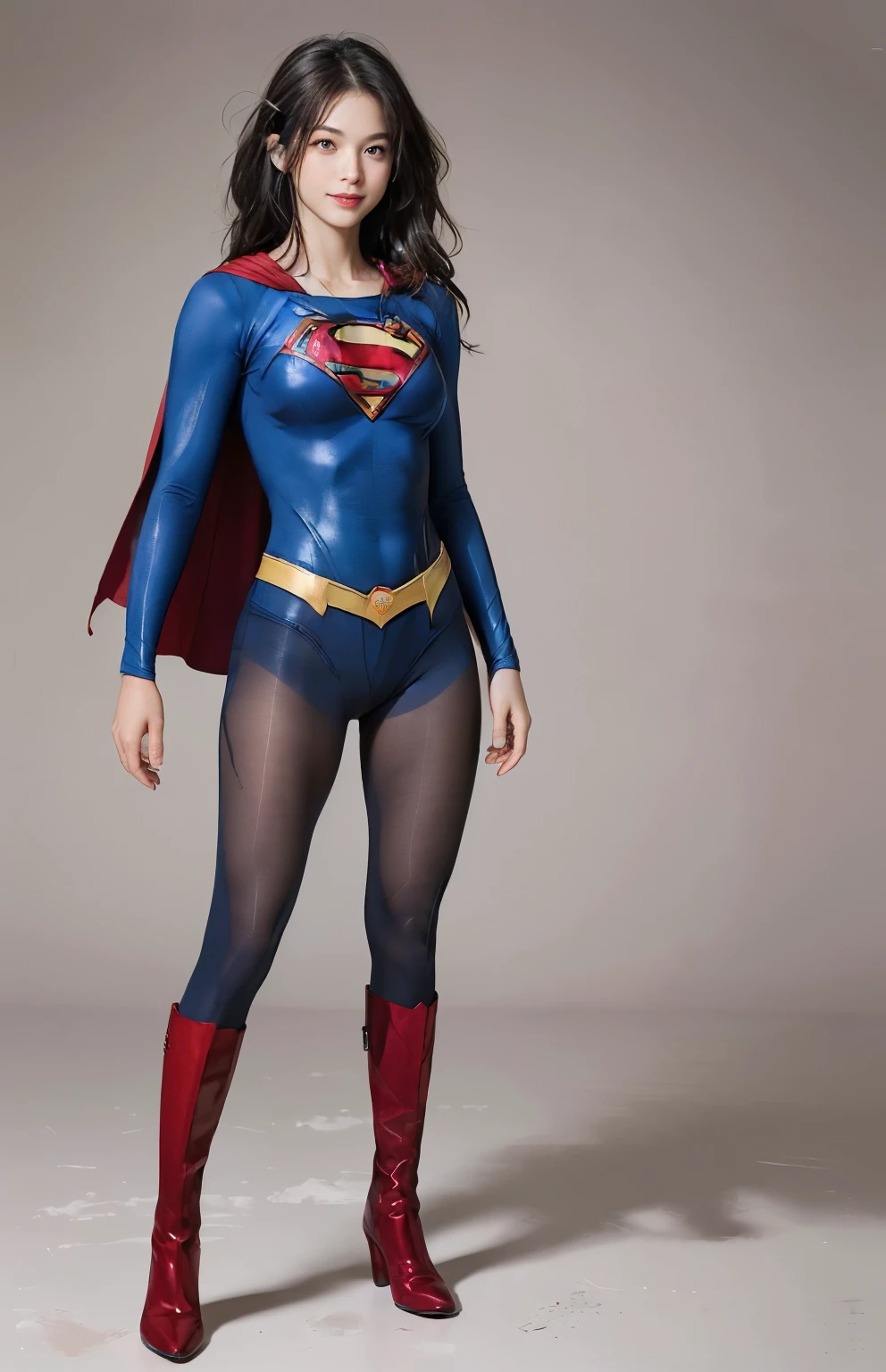 No background、(((Beautiful legs in black tights.)))、(((Legally express the beauty of your smile)))、((((Make the most of your original images)))、(((Body-hugging Supergirl costume)))、(((Supergirl Costume)))、(((Beautiful Hair)))、(((She is winking cutely.)))、(((Please wear black tights....、Wear red boots)))、((Best image quality、8k))、((highest quality、8k、masterpiece:1.3))、(((Preserve background )))、Sharp focus:1.2、Beautiful woman with perfect figure:1.4、Slim Abs:1.2、Wet body:1.5、Highly detailed face and skin texture、8k