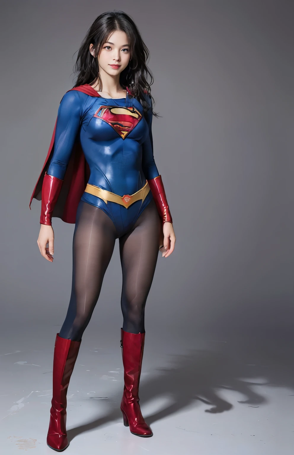 No background、(((Beautiful legs in black tights.)))、(((Legally express the beauty of your smile)))、((((Make the most of your original images)))、(((Body-hugging Supergirl costume)))、(((Supergirl Costume)))、(((Beautiful Hair)))、(((She is winking cutely.)))、(((Please wear black tights....、Wear red boots)))、((Best image quality、8k))、((highest quality、8k、masterpiece:1.3))、(((Preserve background )))、Sharp focus:1.2、Beautiful woman with perfect figure:1.4、Slim Abs:1.2、Wet body:1.5、Highly detailed face and skin texture、8k