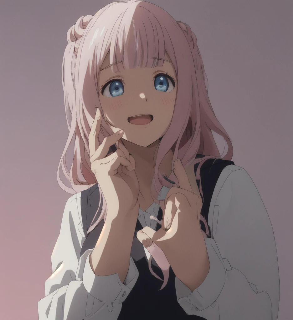 covering face, masterpiece,1girl,(blush:1.2),  peeking through fingers, yandere, (shaded face:1.4),  upper body, pov face, from below, seductive smile, open mouth, black background, satou, buns, double buns, blue jacket, white shirt, sweater vest, glowing eyes,  (extremely detailed CG unity 8k wallpaper,masterpiece, best quality, ultra-detailed, beautiful detailed eyes),(best illumination, best shadow, an extremely delicate and beautiful, bloom, absurdres,)