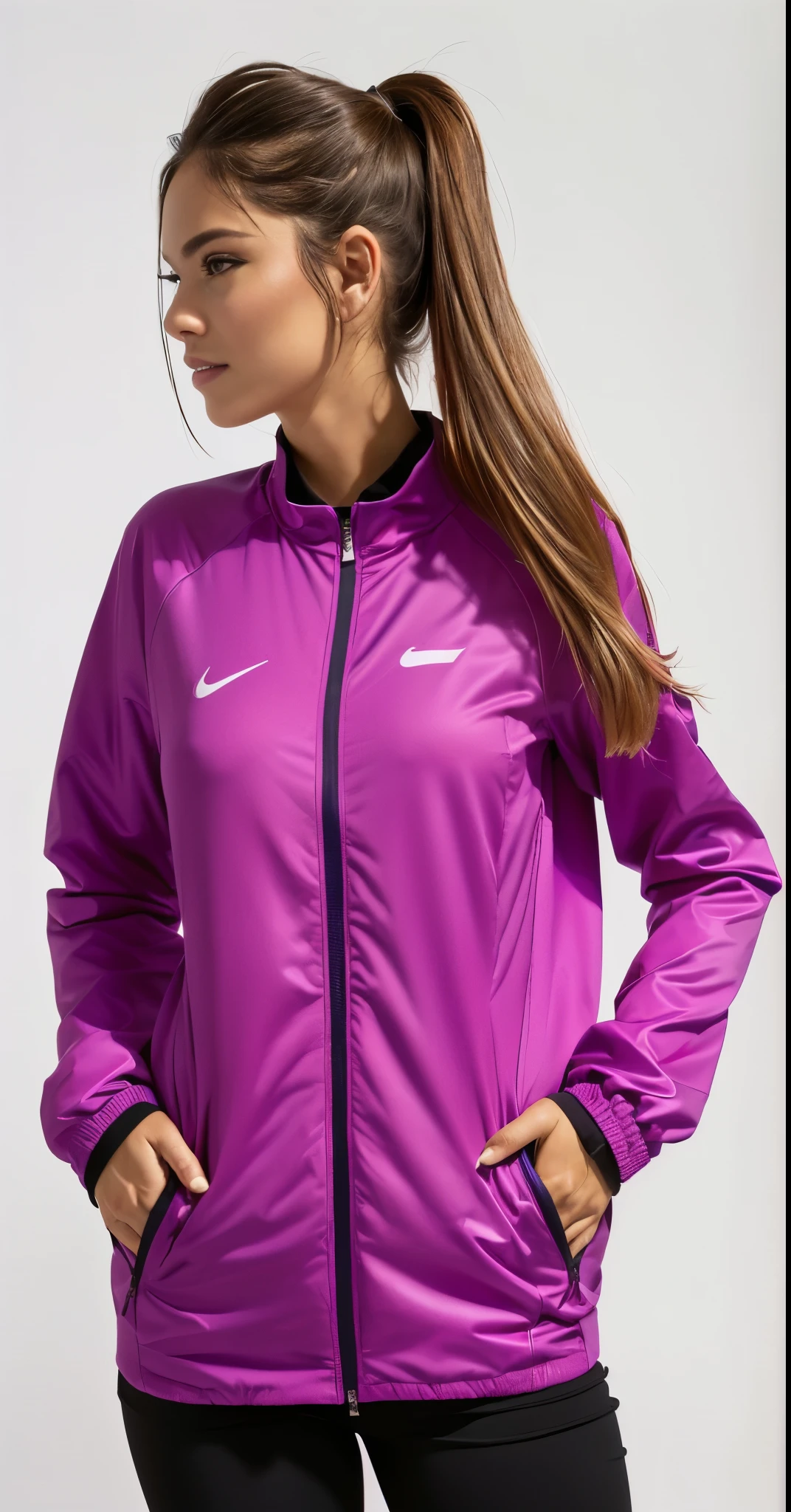 a woman in a purple jaqueta and black pants posing for a picture, roupas esportivas, roupas esportivas, purple jaqueta, capa de chuva roxa, Vestindo um moletom rosa, vivid and vibrant, garota de capa de chuva, sports jaqueta, in tennis coat, encapuzado, garota usando moletom, tennis wear, vibrant and dynamic, fuchsia skin, vibrant and vivid, jaqueta