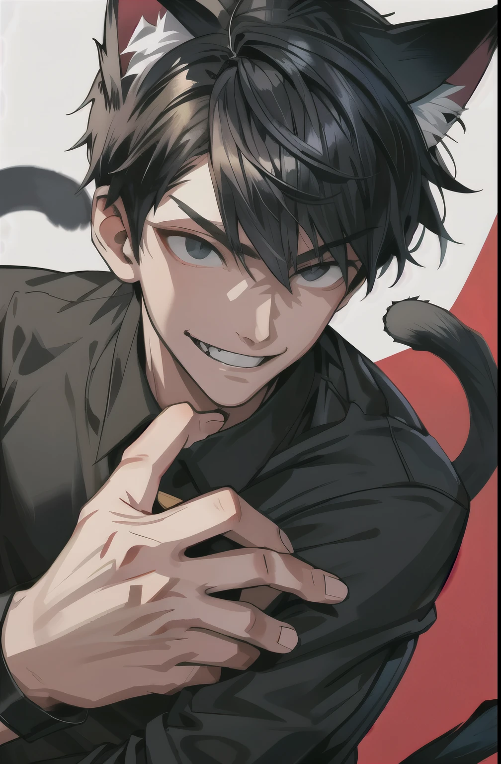 A boy, cat ears, cat tail, athletic body, black eyes,  black hair, evil smile, black shirt