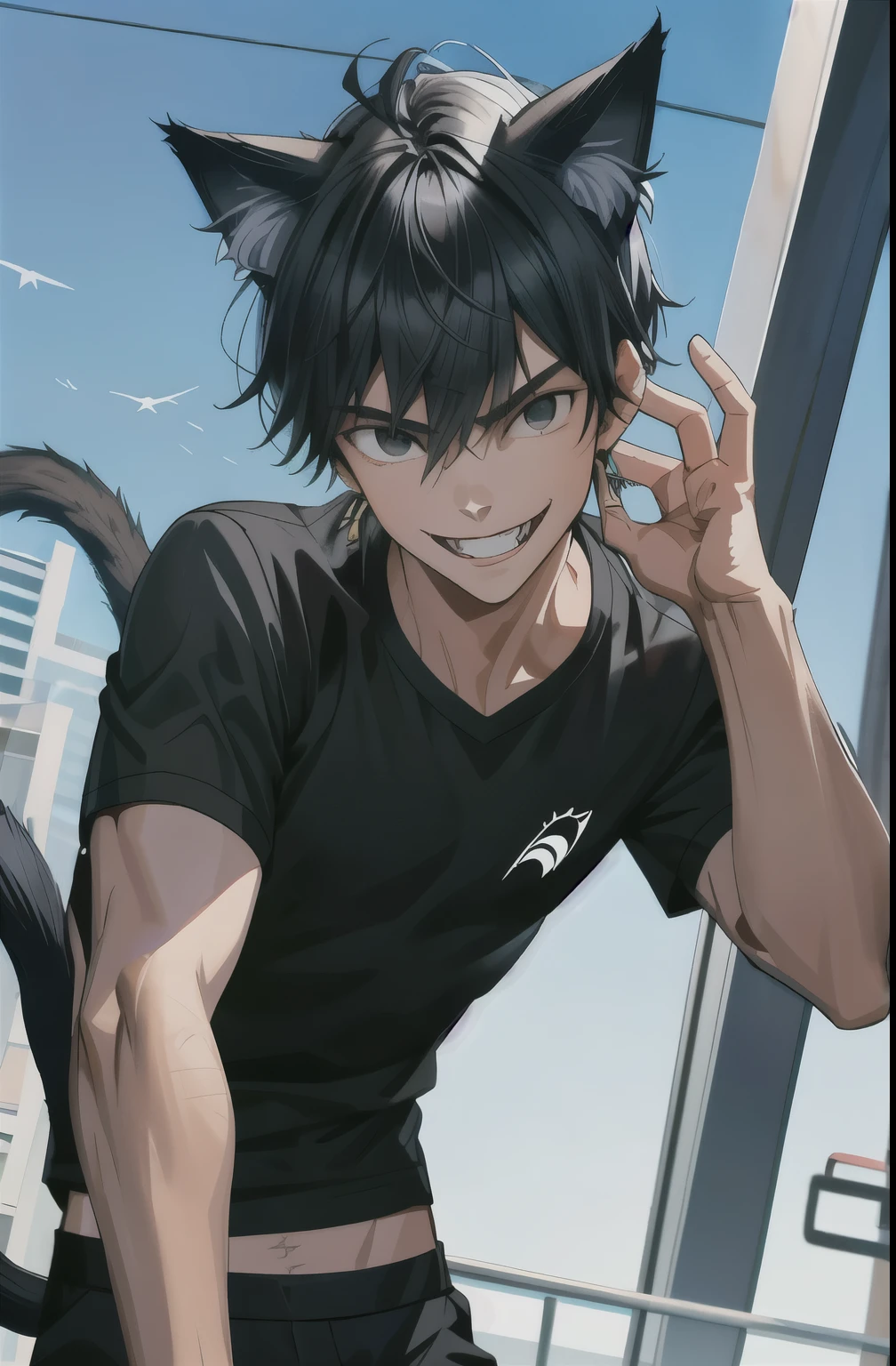 A boy, cat ears, cat tail, athletic body, black eyes, black hair, evil smile, black shirt
