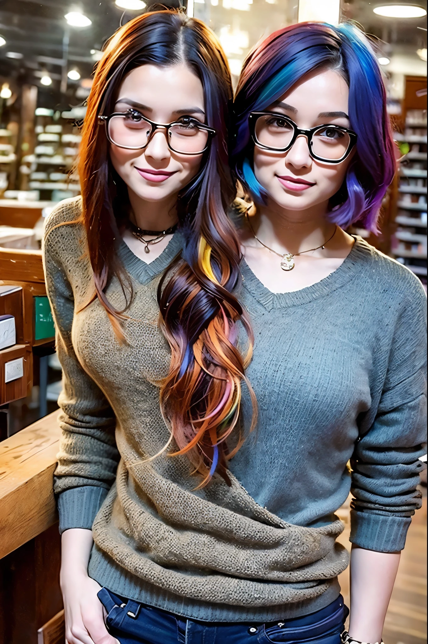 2heads, female couple, age 28, two heads on one body, one torso, hipsters, multicolored hair, hipster fashion, in bookstore,