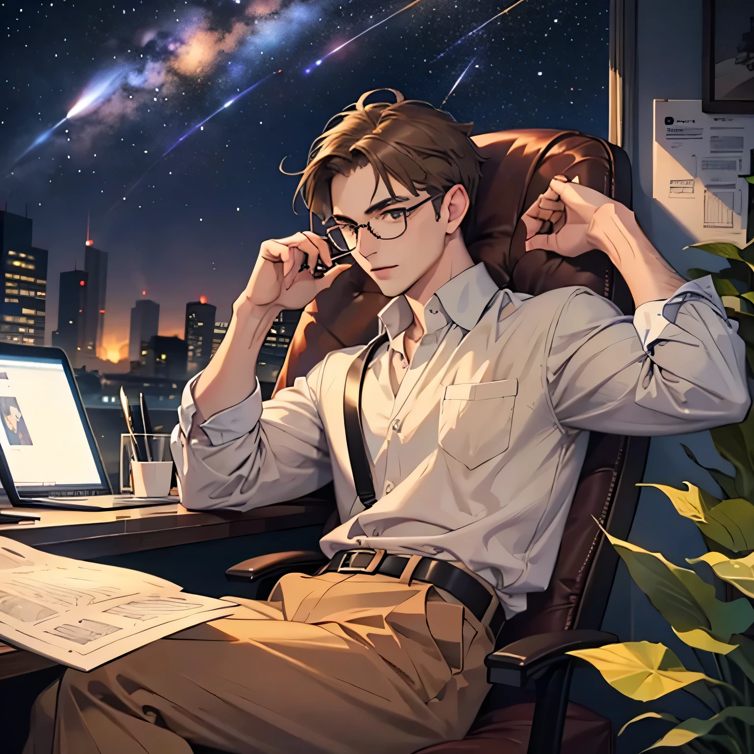 man wearing glasses Light brown hair, pen in hand, sitting in a chair watching shooting stars.