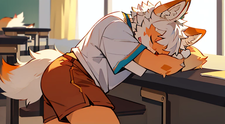 Furry,fur,bodyfur,solo person,Short sleeves,Dozing off in the classroom,Classroom,Sleep with your hands under your head,White shirt,((Character focus)), White hair, Orange fur,Break,AOEU,AOEU,AOEU,AOEU,AOEU,AOEU,AOEU,AOEU,AOEU,AOEU,AOEU,AOEU,AOEU,AOEU,AOEU,AOEU,AOEU,AOEU,AOEU,AOEU,AOEU,AOEU,AOEU,AOEU,orange short pants,