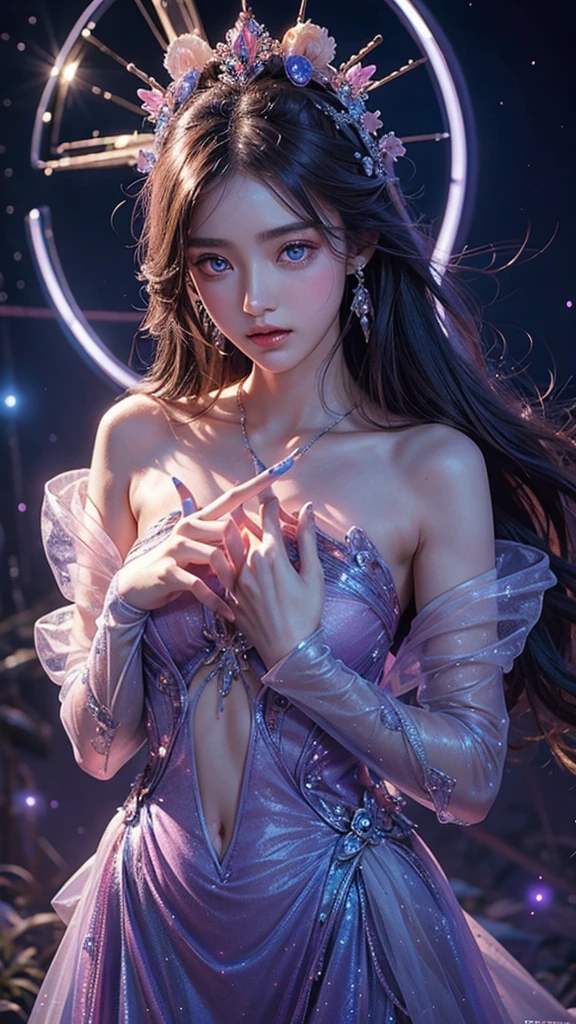 Full figure, seven -clinging shooting, 18 years old, wearing transparent science fiction clothes, exquisite faces, details, hands, ultimate details, amazing magnificence, LED internal lighting, Pedaipan style, fiber hair, glowing blue iris, glowing pink iris. ,,