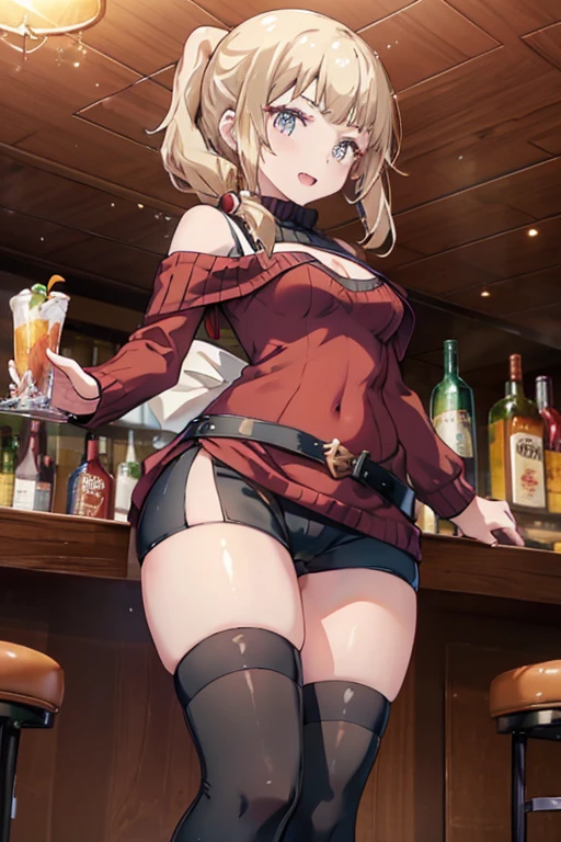 (from below:1.4),(from side:0.9), ((Face)), (Close-Up:0.4), masterpiece,"A 26-year-old girl stands at a bar counter. She is dressed in a stylish off-shoulder dress, sweater dress, off-shoulder sweater, red sweater,garter stocking, cleavage:1.1, midriff, black shorts, black thighhighs, thigh strap, pretty girl, (highly detailed beautiful face and eyes,firm breasts),real skin,((black,hair,long pony tail hair)),thin pubic hair,cute and lovely pose, detailed eyes, This masterpiece is only visually stunning but also tells,(double breasted:0.6,under bust:0.6),(with sparkling eyes and a contagious smile),open mouth. The bar is beautiful, with colorful bottles of alcohol in the background and a soft glow from neon lights. The atmosphere is relaxed, and the girl looks confident and fashionable.",full body, sexy pose,make a cocktail , in a bar counter, Looking at Viewer,