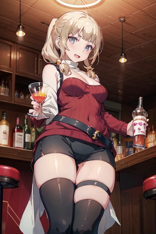 (from below:1.4),(from side:0.9), ((Face)), (Close-Up:0.4), masterpiece,"A 26-year-old girl stands at a bar counter. She is dressed in a stylish off-shoulder dress, sweater dress, off-shoulder sweater, red sweater,garter stocking, cleavage:1.1, midriff, black shorts, black thighhighs, thigh strap, pretty girl, (highly detailed beautiful face and eyes,firm breasts),real skin,((black,hair,long pony tail hair)),thin pubic hair,cute and lovely pose, detailed eyes, This masterpiece is only visually stunning but also tells,(double breasted:0.6,under bust:0.6),(with sparkling eyes and a contagious smile),open mouth. The bar is beautiful, with colorful bottles of alcohol in the background and a soft glow from neon lights. The atmosphere is relaxed, and the girl looks confident and fashionable.",full body, sexy pose,make a cocktail , in a bar counter, Looking at Viewer,