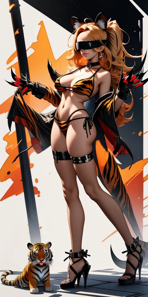 1 solo female gazed (blindfolded), animal tiger ears, animal tiger hands, animal tiger print, bell, bikini, breasts, choker, claws, cleavage, collar, full body, gloves