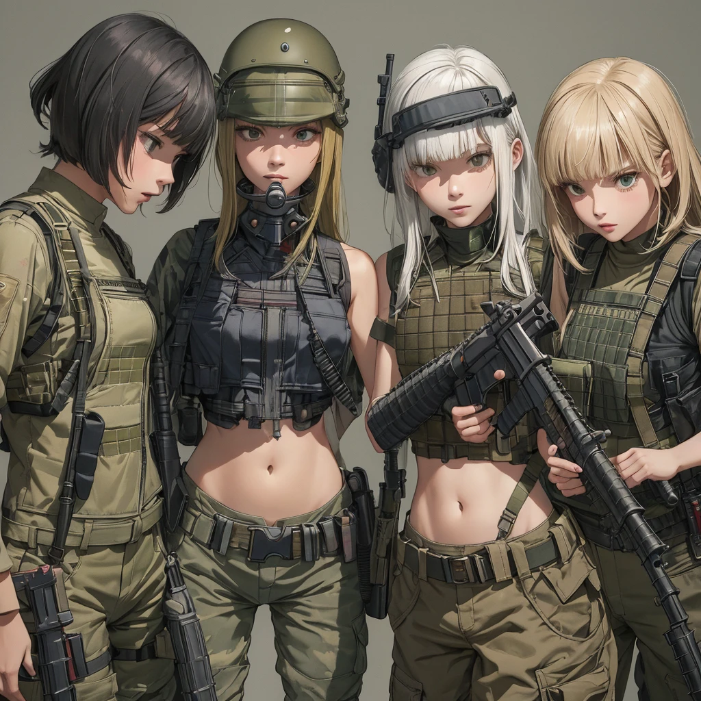 Three Womens in crop top military bulletproof vest , military green cargo pants, belt, military helmet, tactical, (open navel), ((((aiming an m16))))