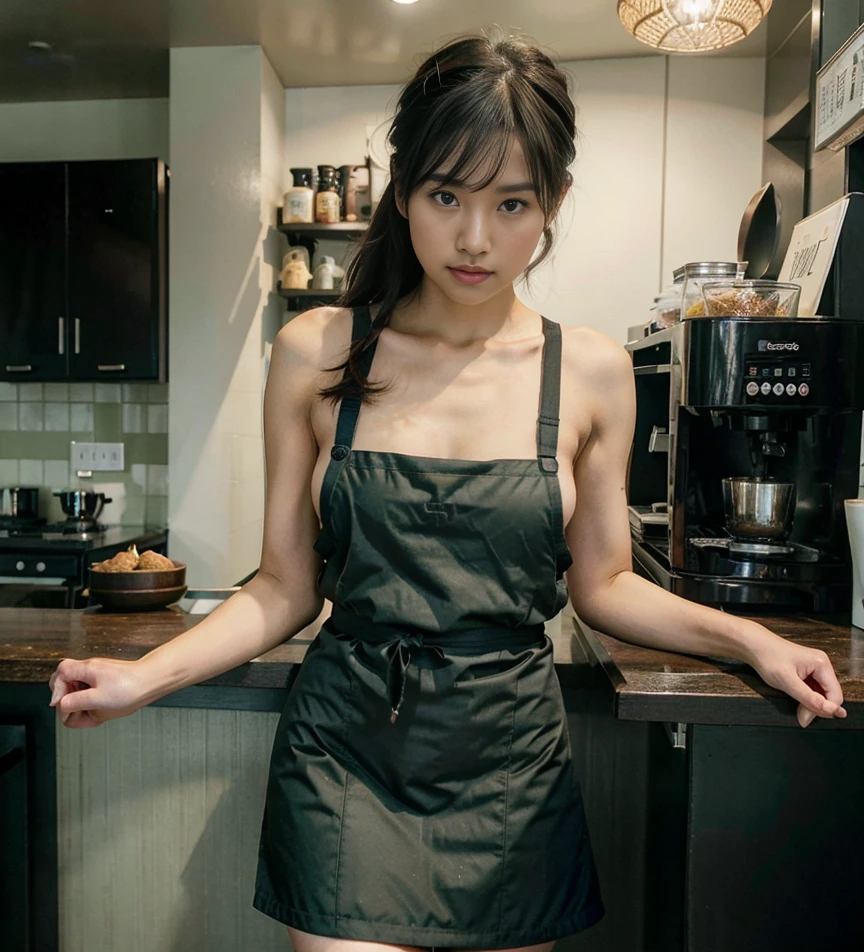 Japanese Girl with black modern plain hijab, shop istant, coffe shop assant, coffe Cashier, only dark green apron, naked s, no bra, no underwear, super calvages, plate in hand, only apron (high quality), (delicate face), very detailed, highest quality, professional lighting, Cowboys shot, from side photo view