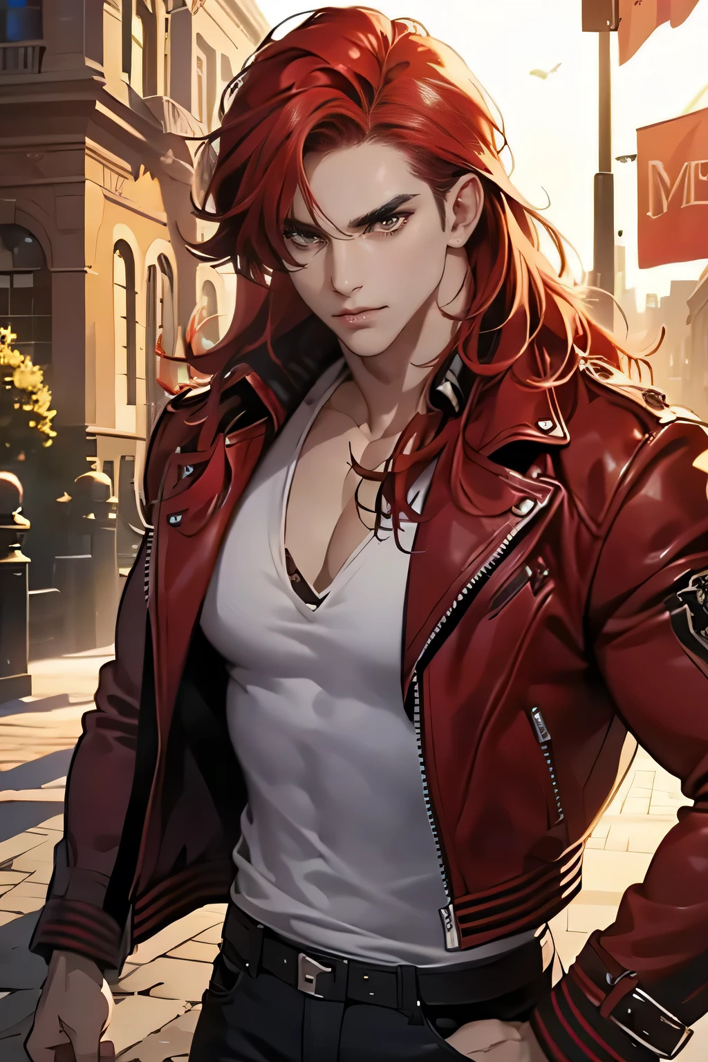 (tmasterpiece, high resolution, ultra - detailed:1.0), (1 boy, Young male, masculine face), Perfect male body, tall and strong, Adult male, Delicate eyes and delicate face, Extremely detailed CG, Unity 8k wallpaper, Complicated details, Detailed face, (red hair, long messy hair, eye looking to camera, serious faces, frown, black leather jacket, ripped jeans), (street style:1.2), Outdoor, (Street at night), color difference, Depth of field, dramatic shadow, Ray tracing, Best quality, Cinematic lighting, offcial art,Portrait