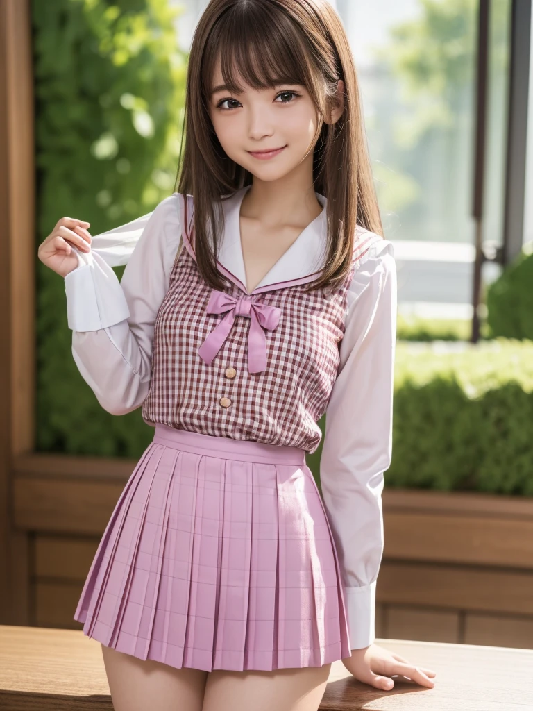 (highest quality, 4k, 8K, High resolution, Tabletop:1.2), Super detailed, Realistic:1.37, Light brown hair, Semi-long hair, Asymmetrical bangs, high school girl, Sailor suit, Purple and pink checkered micro mini pleated skirt, Super super slender body, Shy and cute face, A very happy smile