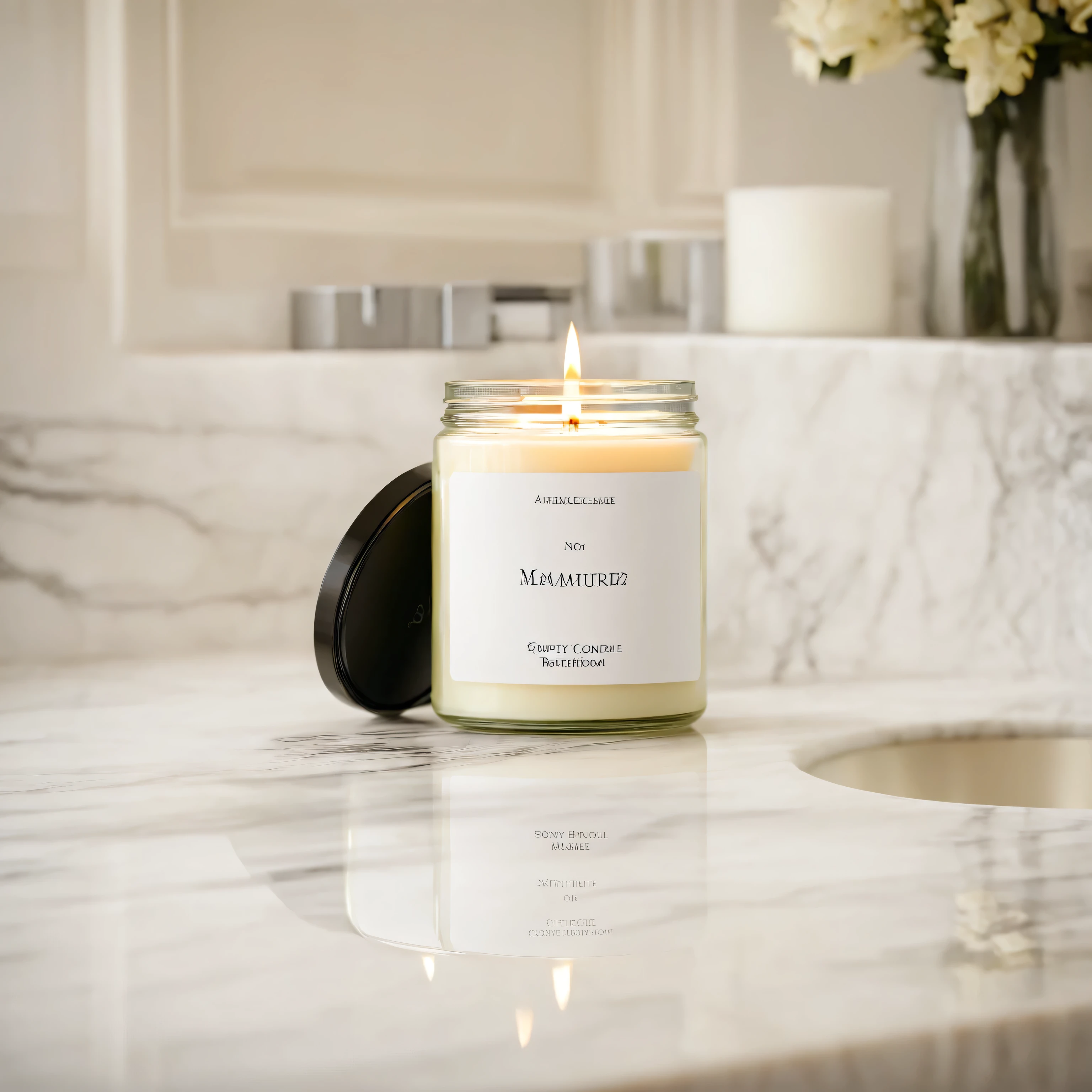 Mockup empty, a blank small candle in a jar with white label and black lid, on a cream marble countertop, in the luxurious bathroom in defocused background, high end and classy style, shot on 50mm lens, sony a7s camera, shallow depth of field, professional photography