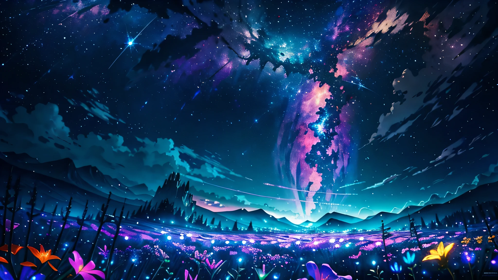 Vast landscape photography, (A view from below of the sky and wilderness below), Standing in a flower garden and looking up, (full moon: 1.2), (shooting star: 0.9), (nebula: 1.3), Distant Mountain, Treebreak Production Art, (Warm light source: 1.2), (fire Fly: 1.2), lamp, Purple and Orange, Intricate details, Volumetric Lighting Break (masterpiece: 1.2), (highest quality ), 4K, Super detailed, (moving composition: 1.4), Extremely detailed and colorful (Iridescent: 1.2), (Sparkling Lights, Atmospheric lighting), dream-like, Magic, (alone: 1.2)