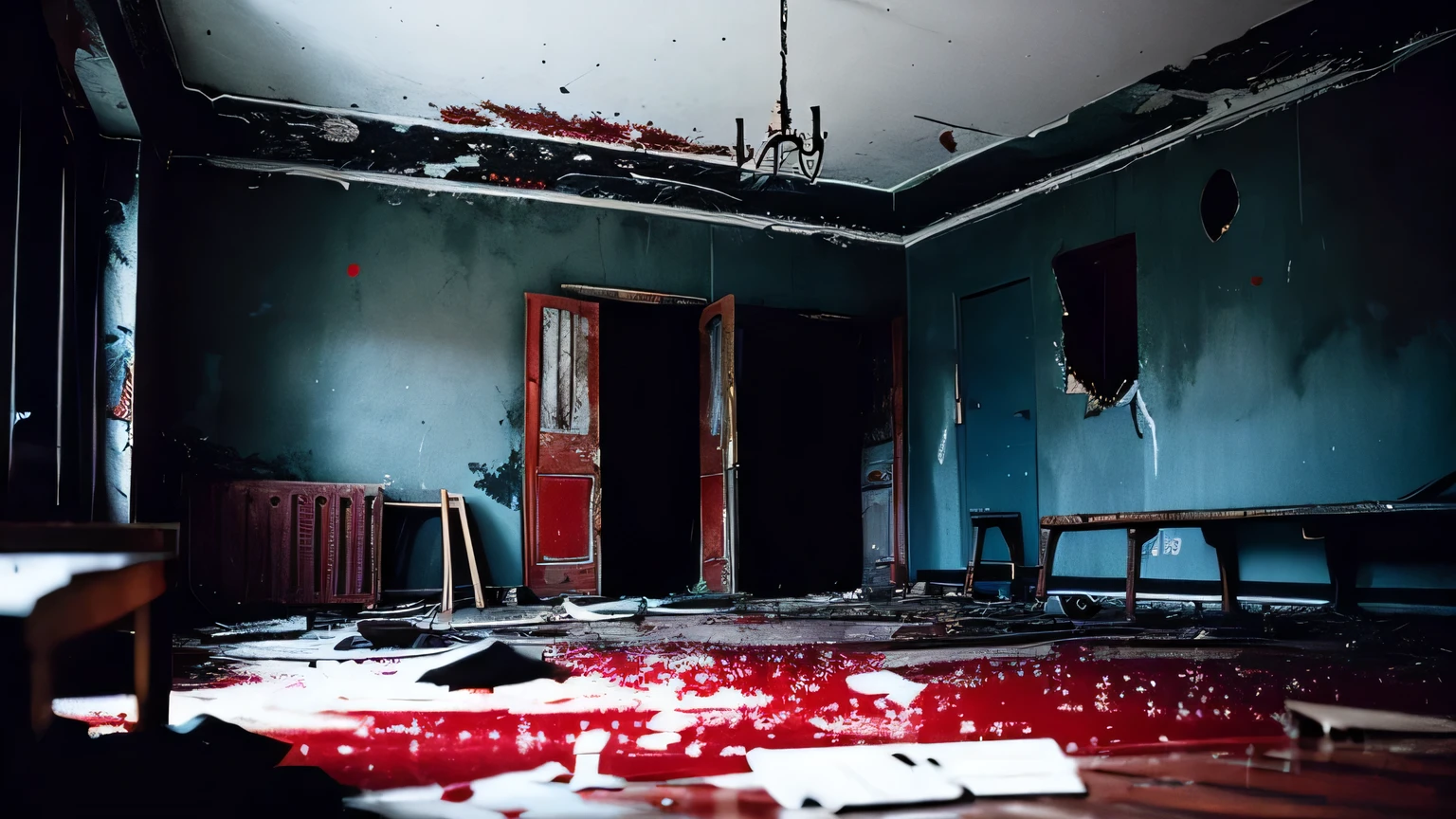 Background color、black、image、Bloodstains on the floor and walls、Ruined room、Overall dark feeling