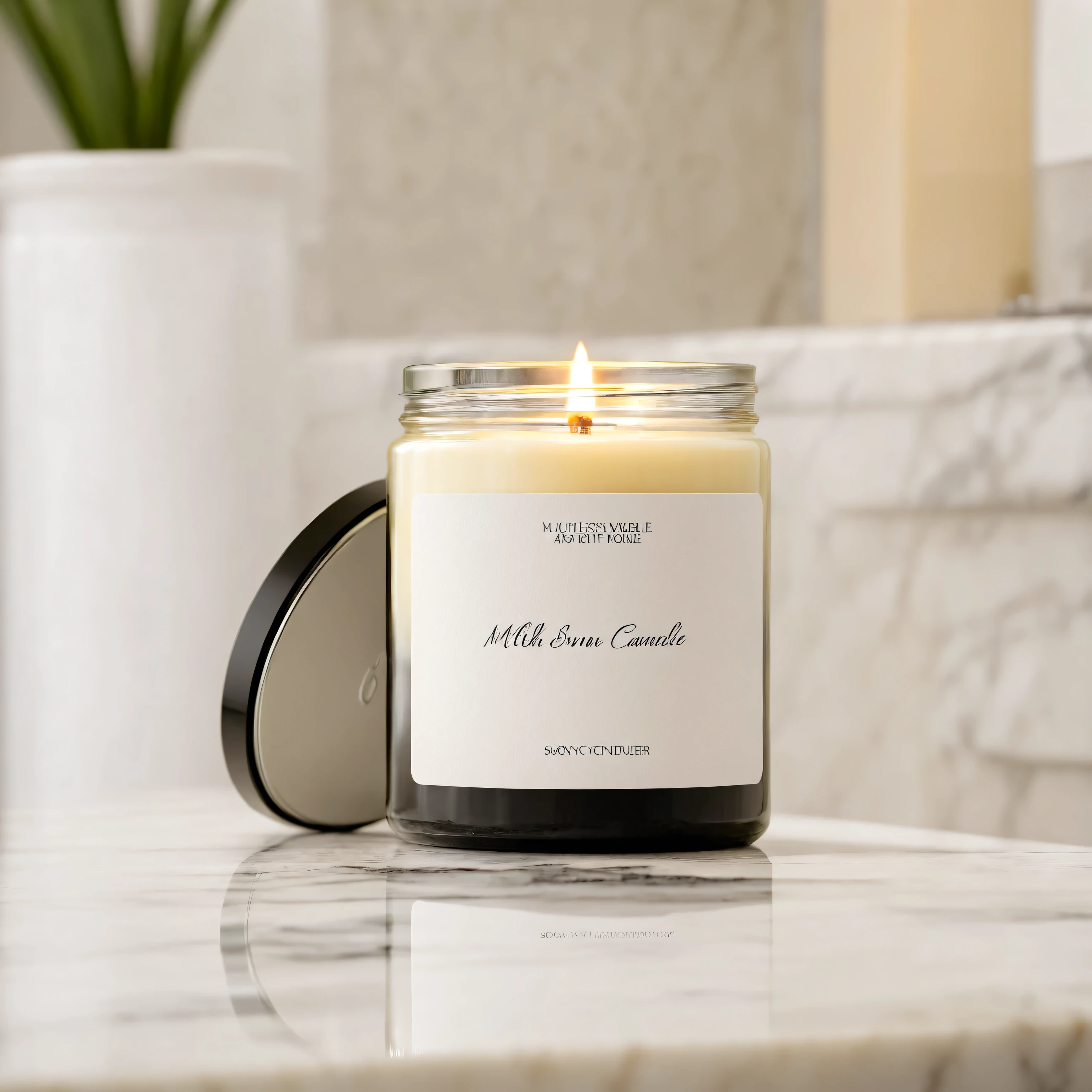 Mockup empty, a blank small candle in a jar with white label and black lid, on a cream marble countertop, in the luxurious bathroom in defocused background, high end and classy style, shot on 50mm lens, sony a7s camera, shallow depth of field, professional photography