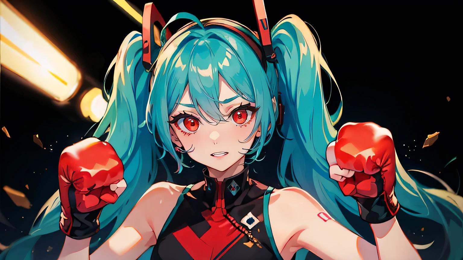 (masterpiece, best quality, very detailed, best shadow), 1girl, solo, miku hatsune, ahoge, aqua eyes, aqua hair, crossed bangs, hair between eyes, hair ornament, headphones, long hair, twintails, (Punch your fist at the camera:1.4)