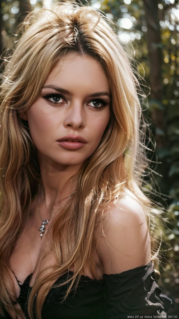 Detailed Photo of a nude bbardot woman with dark eye makeup, detailed face, Beautiful, Perfect Eyes, (highly detailed skin:1.1), perfect body, Professional Photography, Soft Lighting, Photorealistic, Realistic, ((Fog:1.2)), ((in a Forest background)), blurred background, volumetric fog, God Rays, Bokeh, RAW, analog style, sharp focus, 8k, high res, DSLR, high quality, Fujifilm XT3, film grain, award winning, stunning