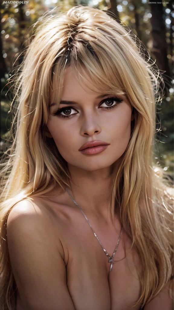 Detailed Photo of a nude bbardot woman with dark eye makeup, detailed face, Beautiful, Perfect Eyes, (highly detailed skin:1.1), perfect body, Professional Photography, Soft Lighting, Photorealistic, Realistic, ((Fog:1.2)), ((in a Forest background)), blurred background, volumetric fog, God Rays, Bokeh, RAW, analog style, sharp focus, 8k, high res, DSLR, high quality, Fujifilm XT3, film grain, award winning, stunning