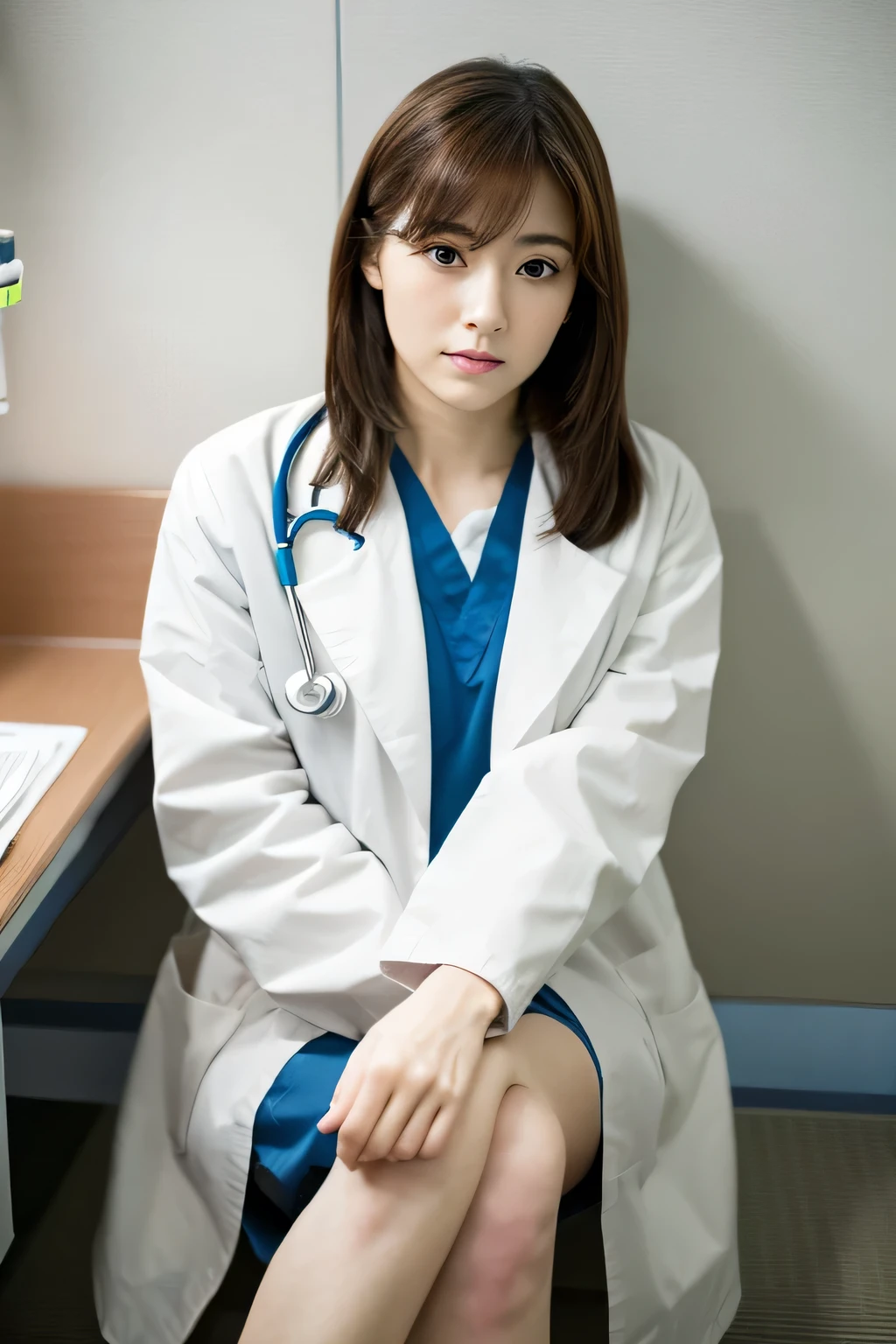 (masterpiece、high resolution、high quality),Crossing your legs,,Cute Face,Beautiful Face,Cool face,Medium Hair,hospital,Mysterious,Examination room,patient、 Very elegant and beautiful,Realistic,Japan,Female doctor、White coat、Psychosomatic physician、