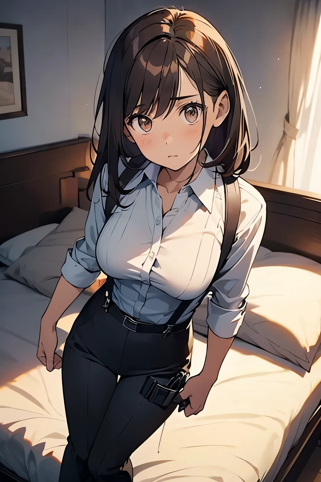 Brown Hair、Staring at the audience　　　Black suspenders　　　bulging big breasts　　 　 　　　wall: 　Black pantsuit　　　　　　sight　　　Small face　 　　　holster　　　Beautiful woman　　Show your hand　　 Lying in bed　　sight 　　Taunt　side　side汗 　arm　Dress shirt　Black Suit　belt