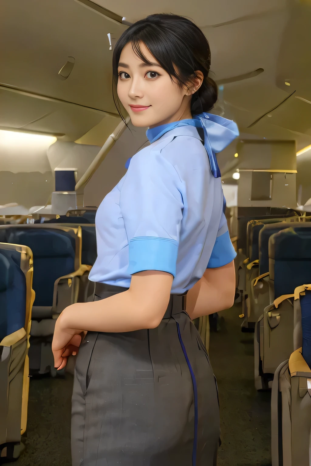 (ANA cabincrew uniform)、(Short sleeve light blue blouse)、(Scarf around the neck)、(Long hair updo、Chignon)、Young Asian Woman、smile