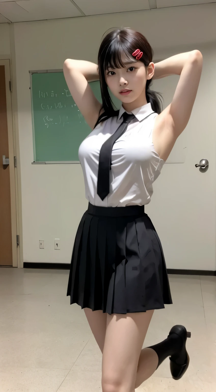 Highest quality、Ultra-high resolution、Professional Lighting、Detailed Background、In the classroom、full body,Kobeni-chan、A sloppy smile、25-year-old woman、beautiful girl、(Kobeni-chan、Jet black hair, Black Hair, bangs, One-sided hair,)、(Red Hair Clip:1.1)、(White sleeveless shirt:1.2)+(Black tie:1.2)+(Grey pleated skirt:1.2)、(Huge breasts that look like they might burst:1.2)、(Big thighs:1.1)、Troubled face、Confused Eyes、Raise your arms to show your sides、Crowded classrooms