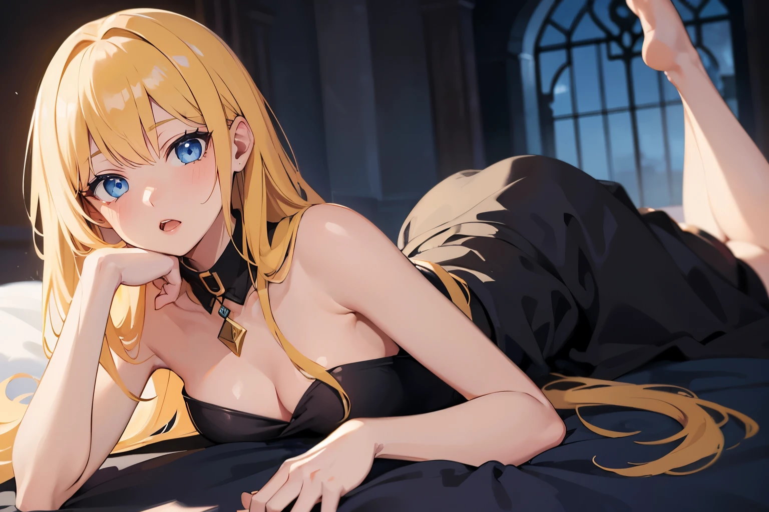 Safe for work, masterpiece, best quality, solo, 1 girl, facing forward, looking at camera, (young female body:1.4), ( medium small breasts), golden yellow hair, extra long hair, blunt bangs, crystal blue eyes, very detailed eyes, luxourius bedrrom background, on bed, arched back, strapless dress, long black gown, black dress, aehego, Lying on stomach, collar, elbows on bed, leaning forward, spreading legs