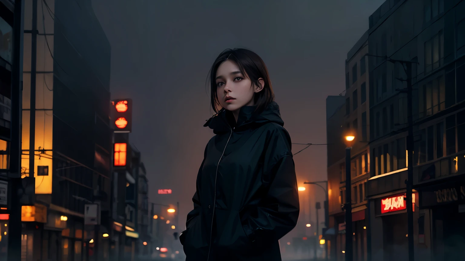 A beautiful woman with an anxious expression on her face in a dimly lit city filled with fog. It is not popular in the town, and there are billboards with strange characters. Eerie atmosphere. The woman is twenty years old. Dark brown hair.