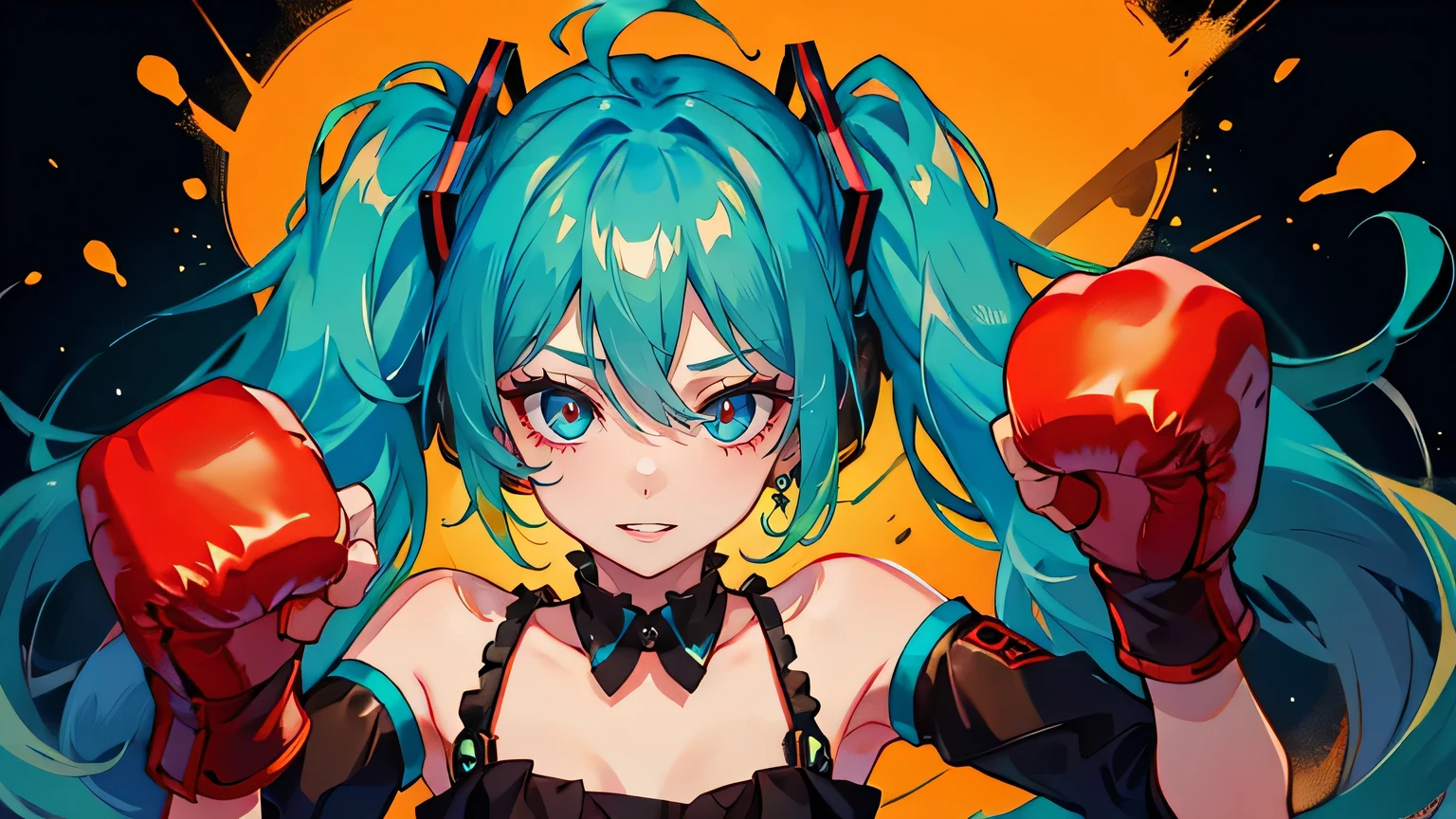 (masterpiece, best quality, very detailed, best shadow), 1girl, solo, miku hatsune, ahoge, aqua eyes, aqua hair, crossed bangs, hair between eyes, hair ornament, headphones, long hair, twintails, (Punch your fist at the camera:1.4), angry