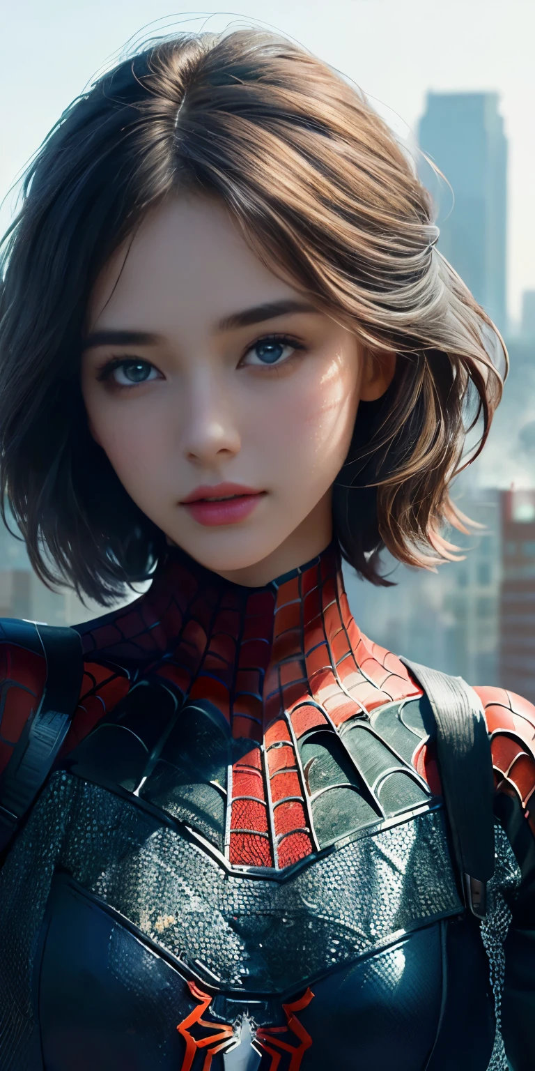 (1girl:1.3), Solo, (((Very detailed face)))), ((Very detailed eyes and face)))), Beautiful detail eyes, Body parts__, Official art, Unified 8k wallpaper, Super detailed, beautiful and beautiful, beautiful, masterpiece, best quality, original, masterpiece, super fine photo, best quality, super high resolution, realistic realism, sunlight, full body portrait, amazing beauty, dynamic pose, delicate face, vibrant eyes, (from the front), She wears Spider-Man suit, red and black color scheme, spider, very detailed city roof background, rooftop, overlooking the city, detailed face, detailed complex busy background, messy, gorgeous, milky white, highly detailed skin, realistic skin details, visible pores, clear focus, volumetric fog, 8k uhd, DSLR, high quality, film grain, fair skin, photo realism, lomography, futuristic dystopian megalopolis, translucent