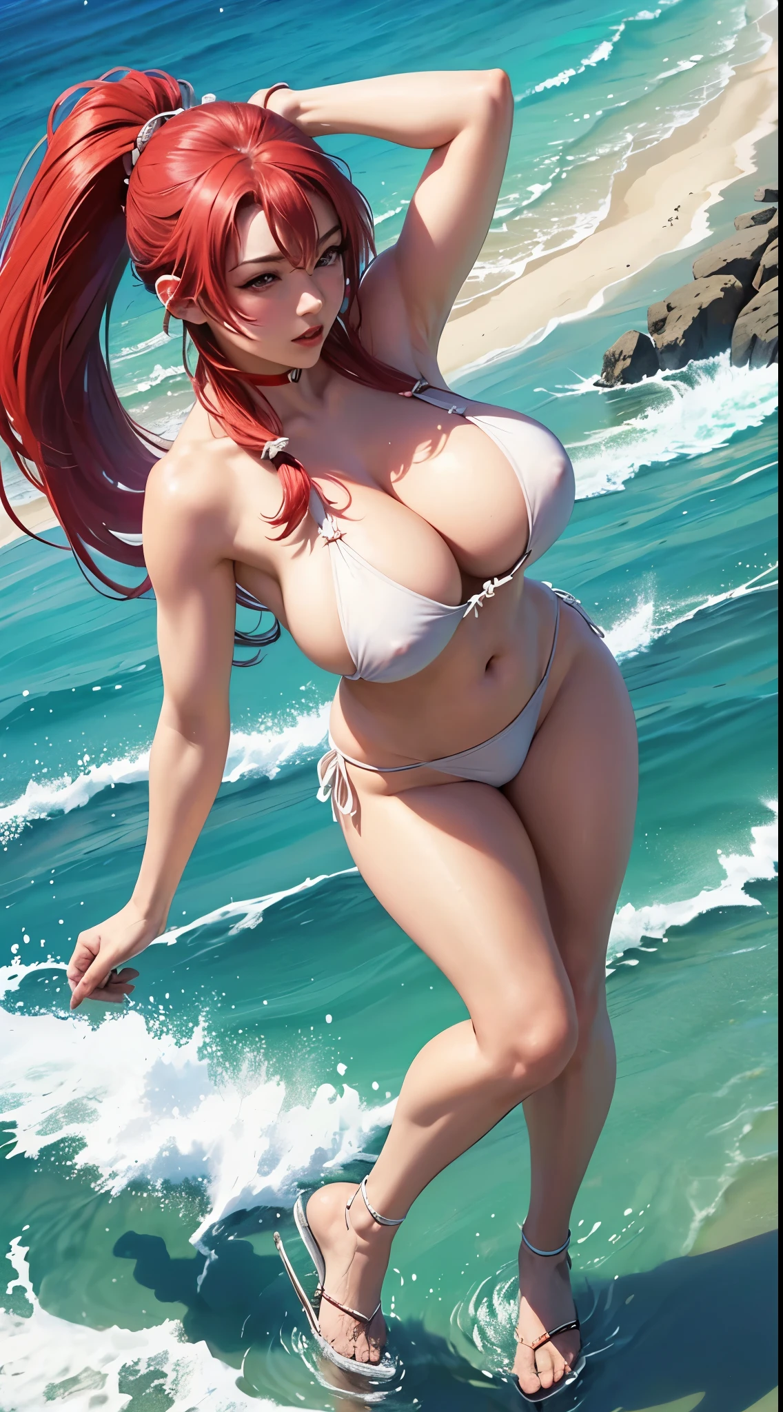 Mai Shiranui nue (huge tits), cheveux blancs, Haut du corps, abdos, symmetrical round breasts, deserted beach, gros seins, gigantesque seins, 4K ultra UHD, mains parfaites, cing doigts, yeux parfaits, bikini dentelle rouge