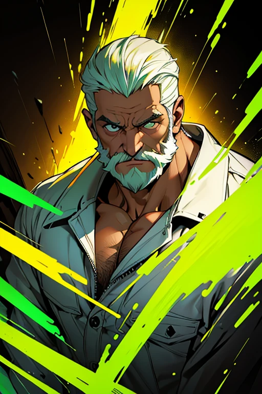 (Obra de arte,melhor qualidade,absurdos ), 1 homem, muscular, com barba, olhos detalhados, olhos verdes, jaqueta aberta, Running for the camera, tronco, (fluorescent lamp),(Colorida), ((fundo abstrato)),