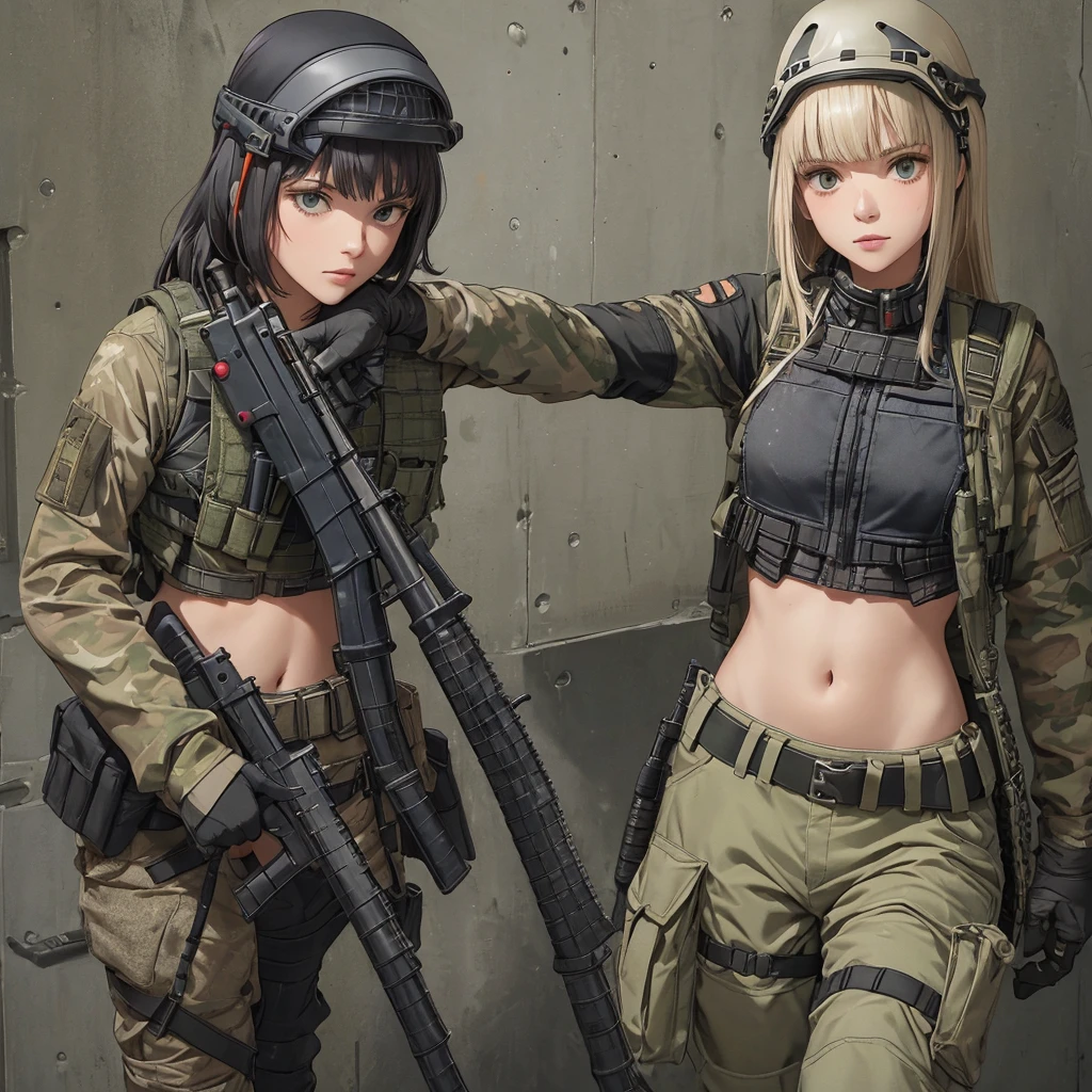 Women in crop top military bulletproof vest , military green cargo pants, belt, military helmet, tactical, (open navel), ((((aiming an m16))))