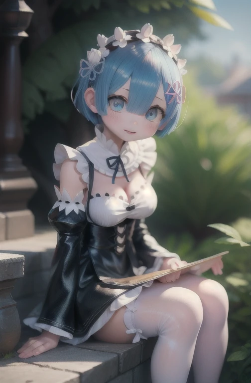 Rem /(Re:zero)/ ,anime girl sitting on steps , short light blue hair , blue eyes, girl fanart, in an anime style, in anime style, artwork in the style of guweiz, anime moe artstyle, modern anime style, anime style illustration, anime style only, anime artstyle, anime style, anime style character, anime style. 8k, anime style art, anime style 4 k