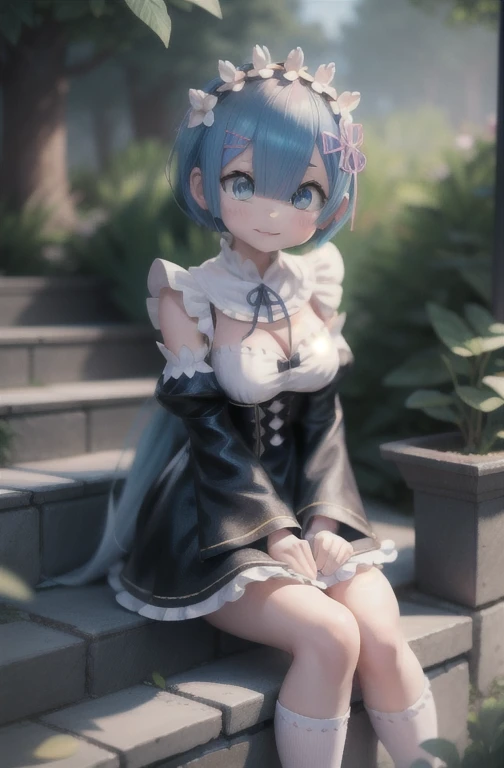 Rem /(Re:zero)/ ,anime girl sitting on steps , short light blue hair , blue eyes, girl fanart, in an anime style, in anime style, artwork in the style of guweiz, anime moe artstyle, modern anime style, anime style illustration, anime style only, anime artstyle, anime style, anime style character, anime style. 8k, anime style art, anime style 4 k