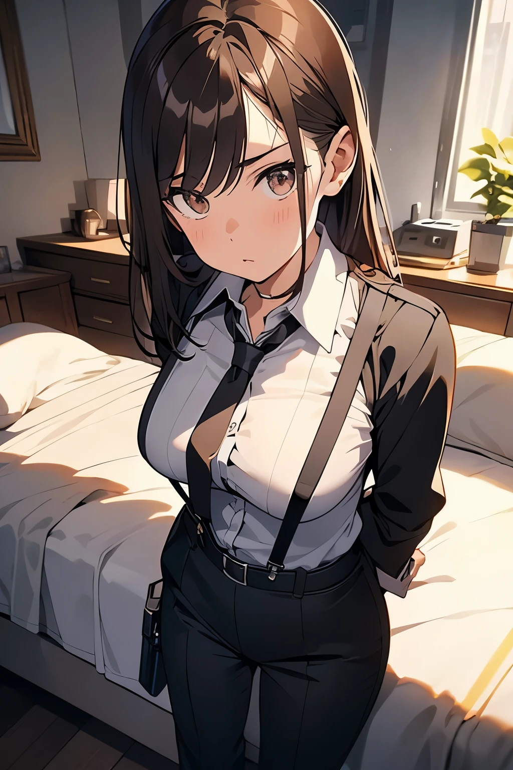Brown Hair、Staring at the audience Black suspenders bulging big breasts wall: Black pantsuit sight Small face holster Beautiful woman Show your hand Lying in bed sight Taunt side side汗 arm Dress shirt Black Suit belt