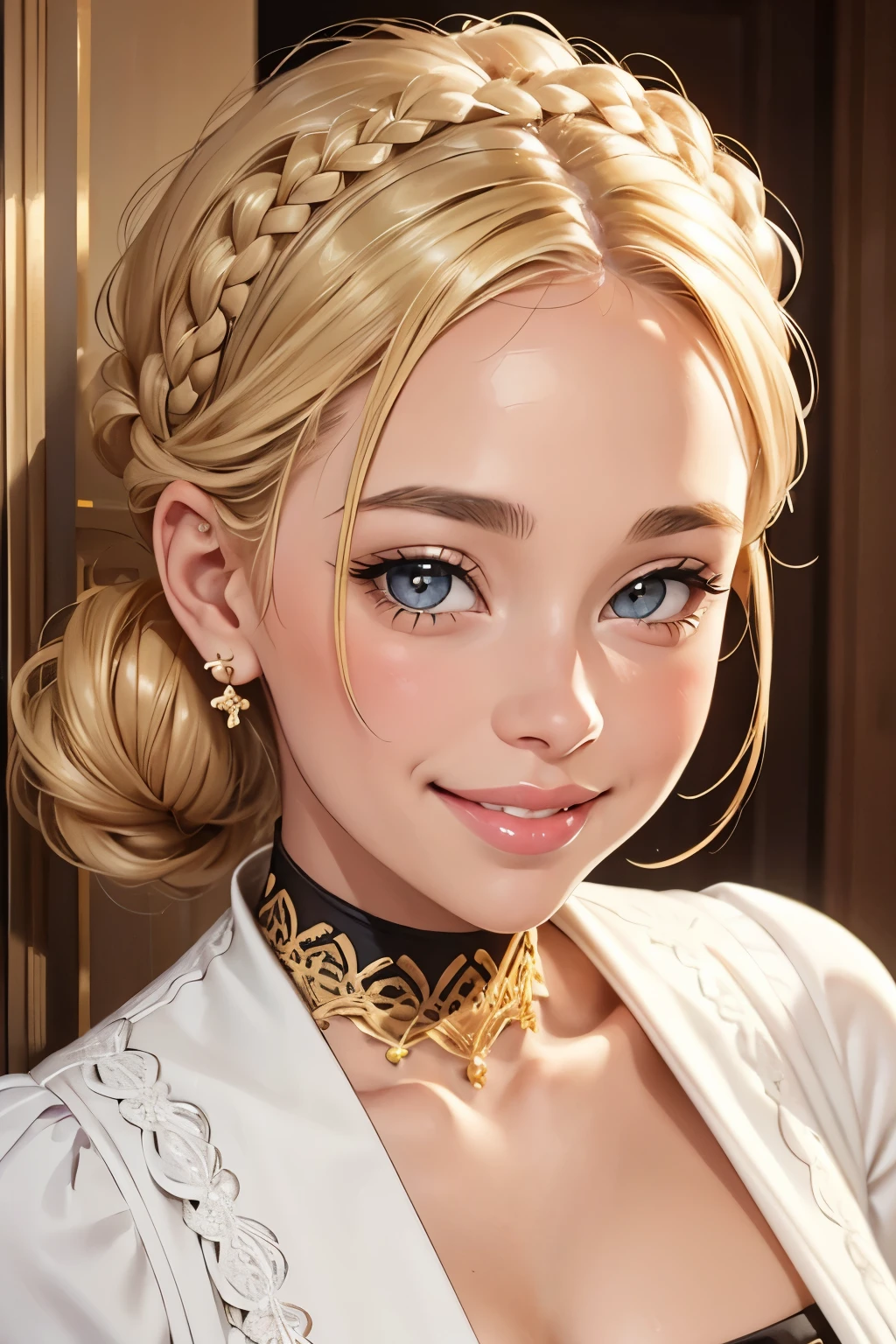 close up on face, blonde hair, French braid through hair, chignon, white and gold, filigree, choker, earrings, smile, smiling, big smile, very happy, full lips, full mouth, thick lips, thick mouth, puffy lips, puffy mouth, skin tight, hair bow, strapless, doorway