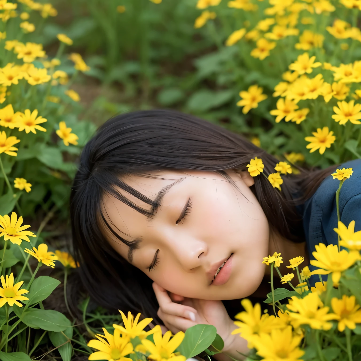 A age Japanese woman sleeping face down in a flower field。