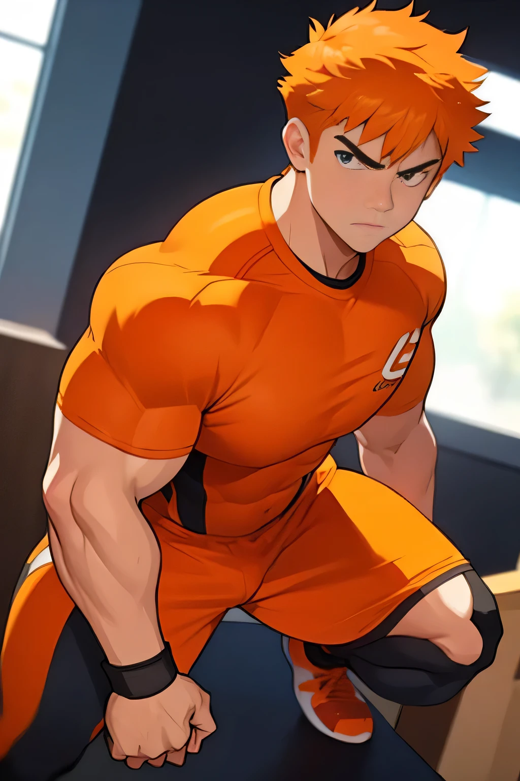 A 15-year-old man wearing orange clothes tight to his body. orange hair Serious and defiant look stands with clenched fists