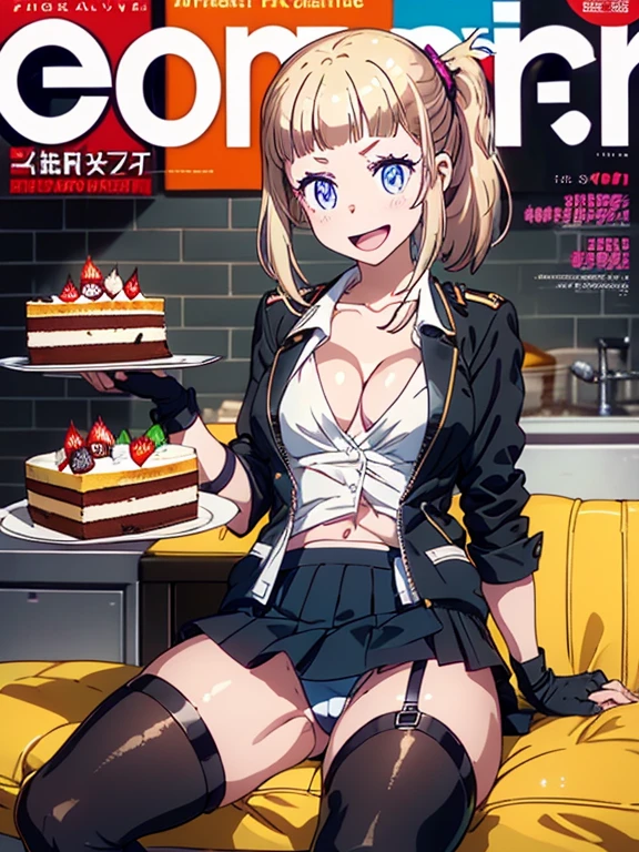 1 girl, small nose, very beautiful detailed face and eyes, bright colors, cute face, delicate beautiful face, Bright magenta eyes, cute eyes, sparkling eyes, Big eyes, (small breasts:1.3), (perky chest:1.1), (pointed chest:1.0), (cake magazine cover:1.3)，highest quality, WorKs of masters, High resolution,BlacK color hair，shiny hair, side ponytail,hair between eyes,bangs, (black jacket, real clothes, cleavage, black skirts, black thighhighs, thigh strap, fingerless gloves, single glove:1.2) , spread legs, panties shot, medium hips, glamorous body, white skin, smile, thin pubric hair, super beautiful face, Super beautiful eyes, Super beautiful hair，trendy outfit，sexy and attractive,full body esbian, Real World, Natural light,perfect Natural light,(with sparkling eyes and a contagious smile), This masterpiece is not only visually stunning but also tells, make of cake cooking , in the kitchen, open mouth, looking at viewer,
